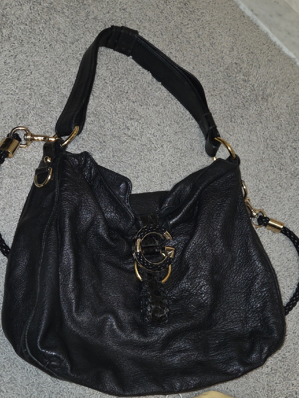Black Leather Shoulder Bag with Gold Hardware